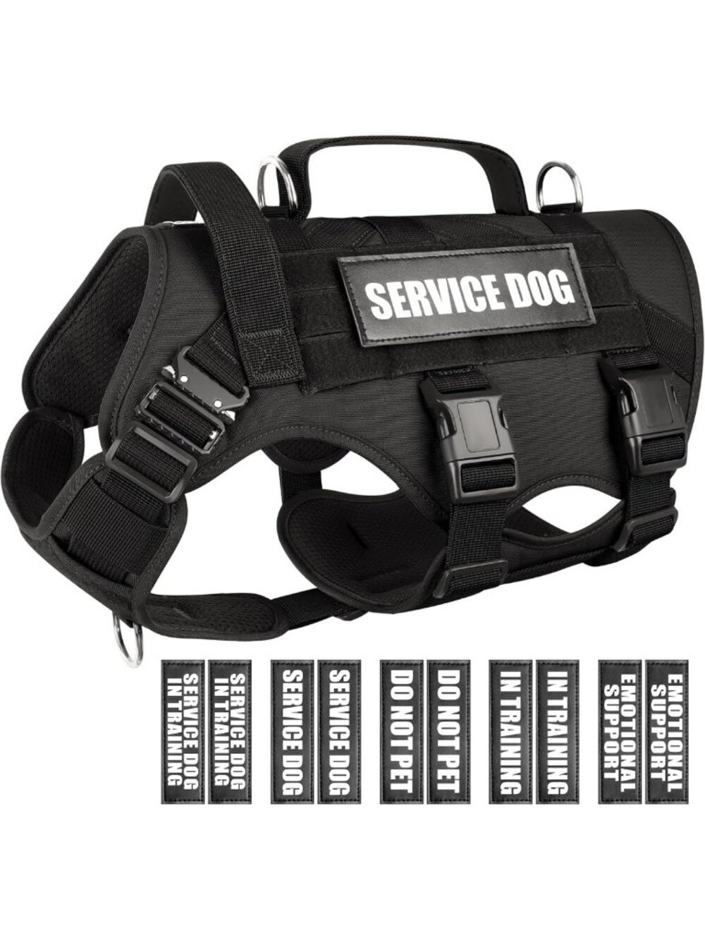 Tactical Service Dog Vest Harness for Large Dogs, No Pull, MOLLE with 10 Patches